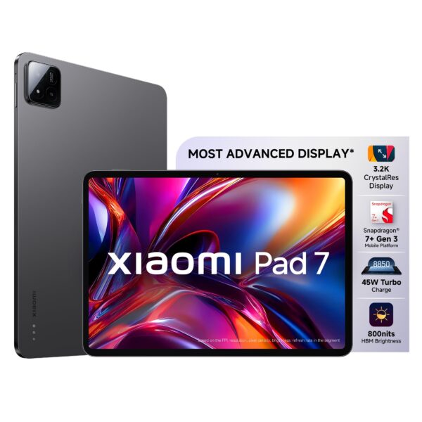 Xiaomi Pad 7 |Qualcomm Snapdragon 7+ Gen 3 |28.35cm(11.16") Display |12GB, 256GB |3.2K CrystalRes Display |HyperOS 2 |68 Billion+ Colours |Dolby Vision Atmos |Quad Speakers |Wi-Fi 6e