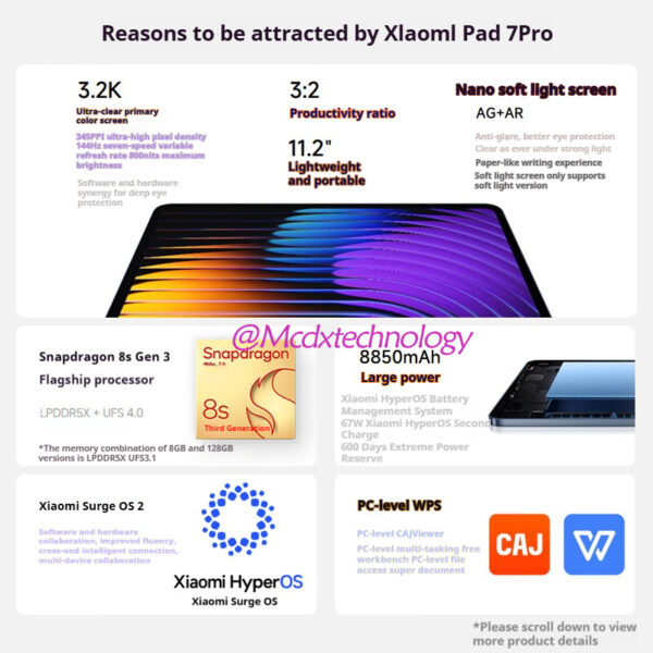 Xiaomi Pad 7 |Qualcomm Snapdragon 7+ Gen 3 |28.35cm(11.16") Display |12GB, 256GB |3.2K CrystalRes Display |HyperOS 2 |68 Billion+ Colours |Dolby Vision Atmos |Quad Speakers |Wi-Fi 6e - Image 4